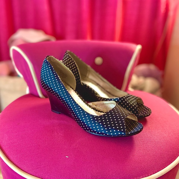 1950s Retro Pinup Style Classic Peep-Toe Polka Dot Slip-On Wedges Women’s 7.5 - Picture 3 of 6